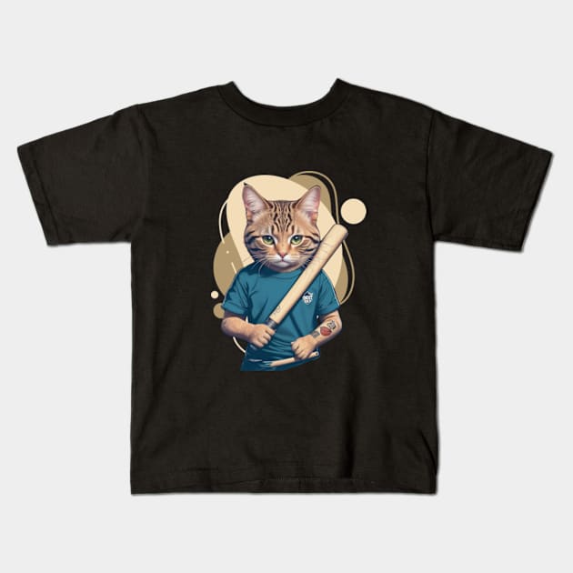 Baseball Bat Cat Kids T-Shirt by hippohost